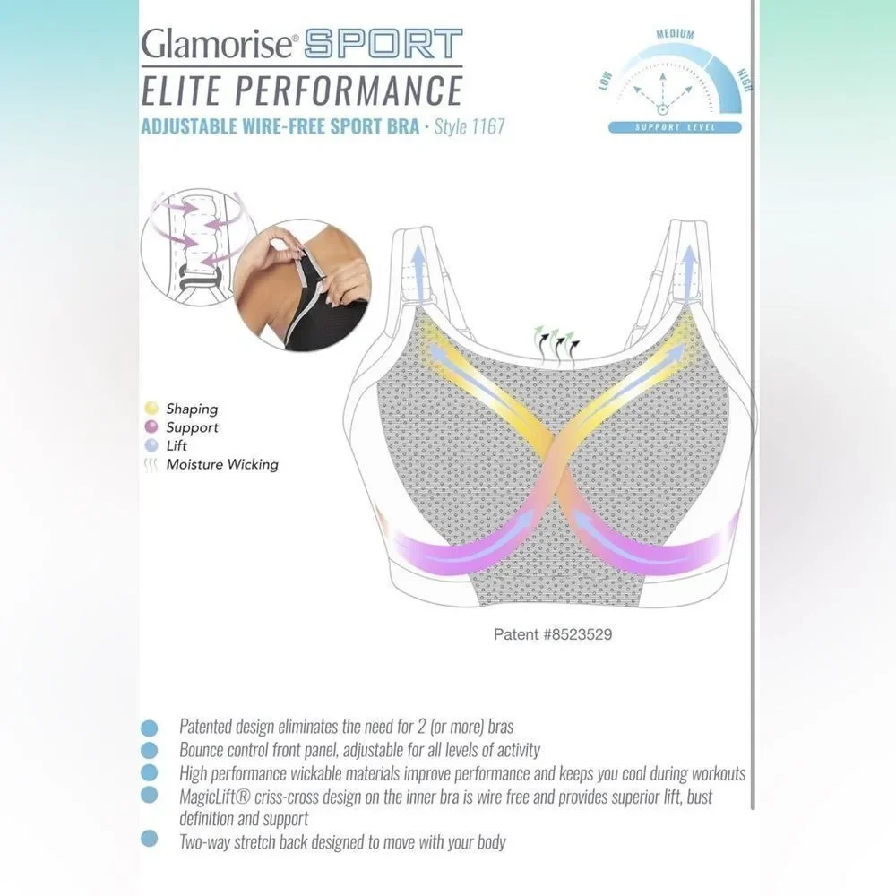 Glamorise- Elite Performance Adjustable Wirefree Sport Bra #1167 Black Gray, 38H - Picture 13 of 14